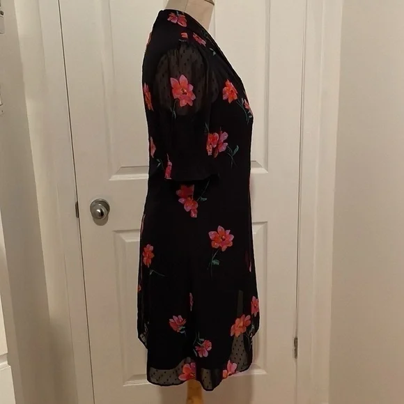 DKNY Dress Size 8 Navy Floral Chiffon Tie Neck Short Sleeve - Picture 8 of 12